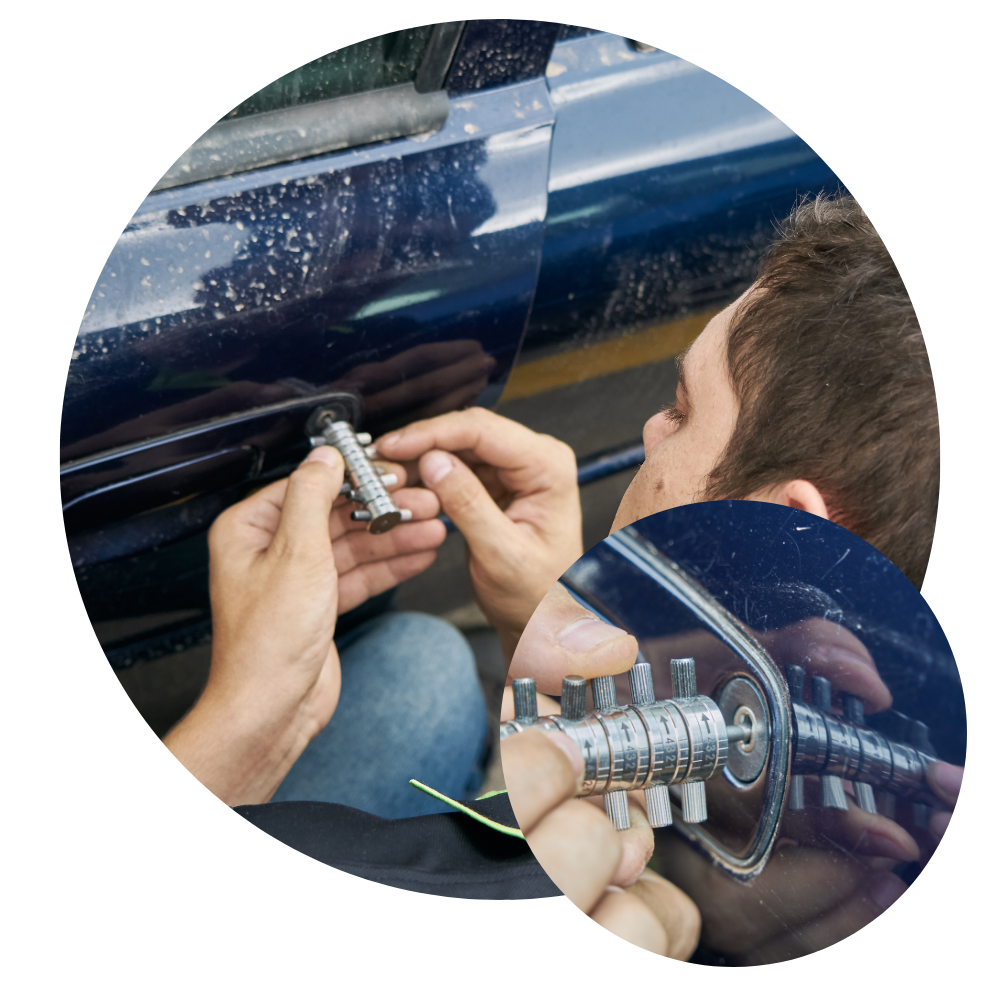Person unlocking a car door with a lock pick tool.