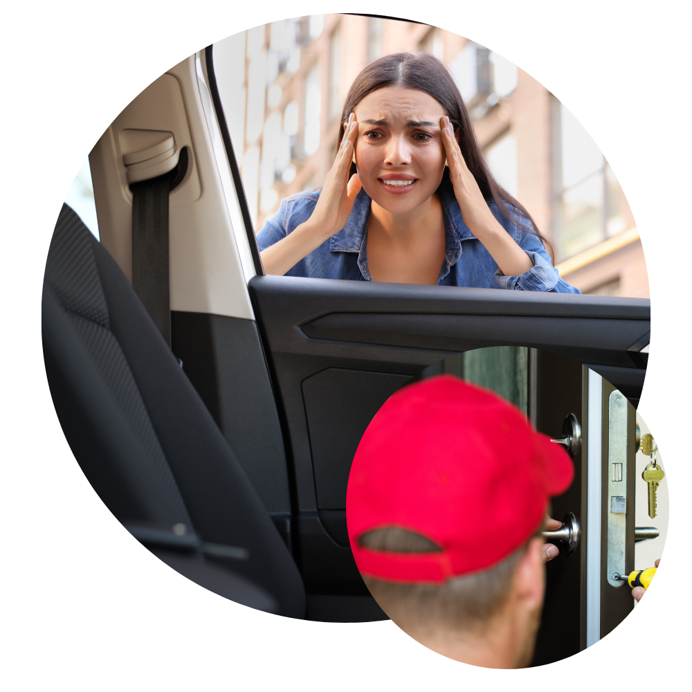 Woman locked out of her car, distressed, as locksmith works on door.