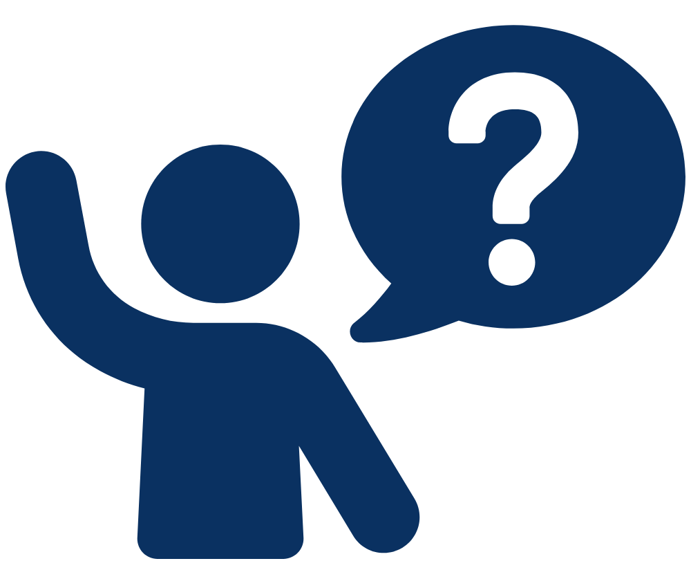 Person with raised hand, speech bubble with question mark.
