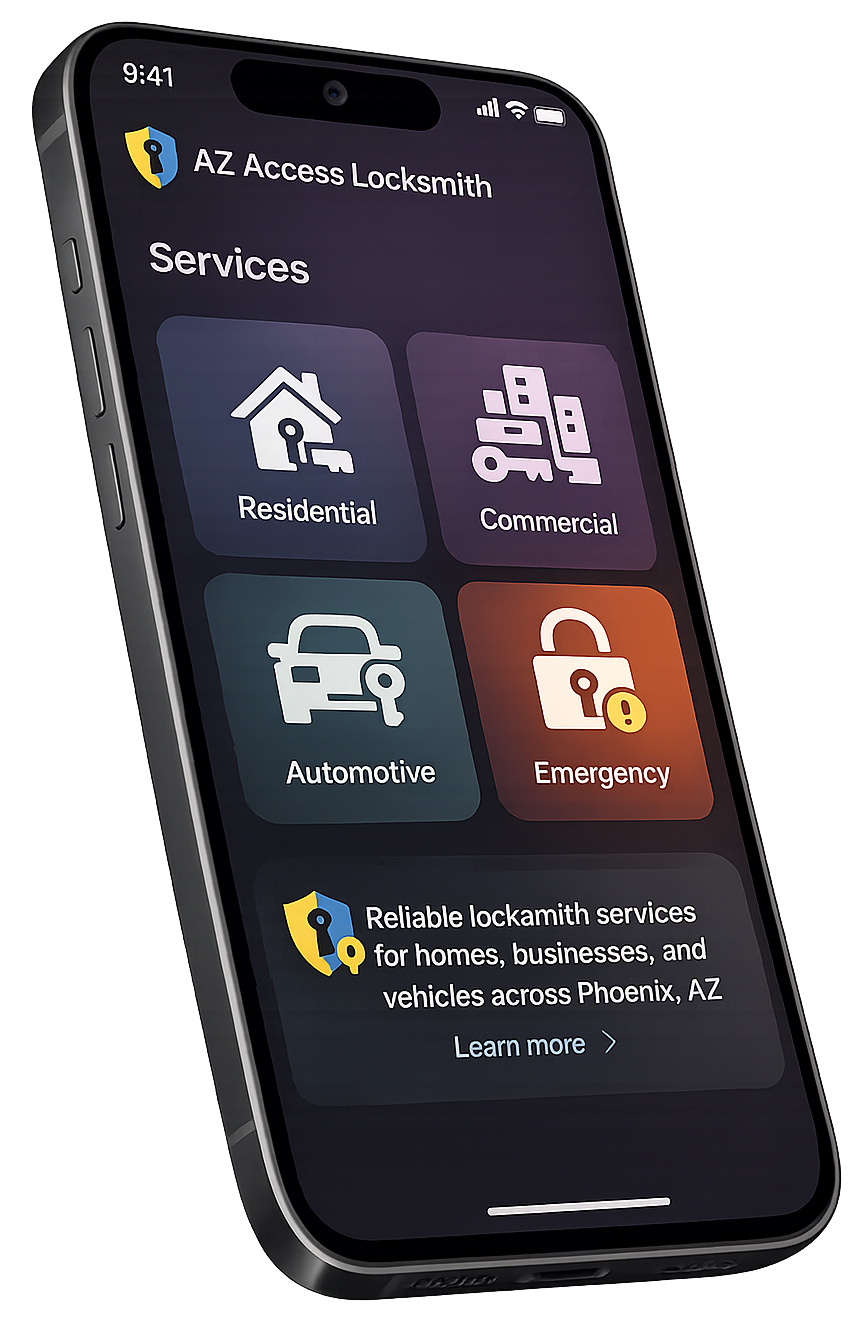 Smartphone app showing locksmith services: residential, commercial, automotive, and emergency. Dark theme with gold accents.