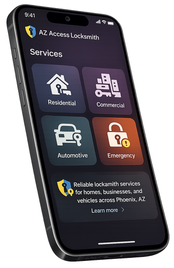 Smartphone app showing locksmith services: residential, commercial, automotive, and emergency. Dark theme with gold accents.