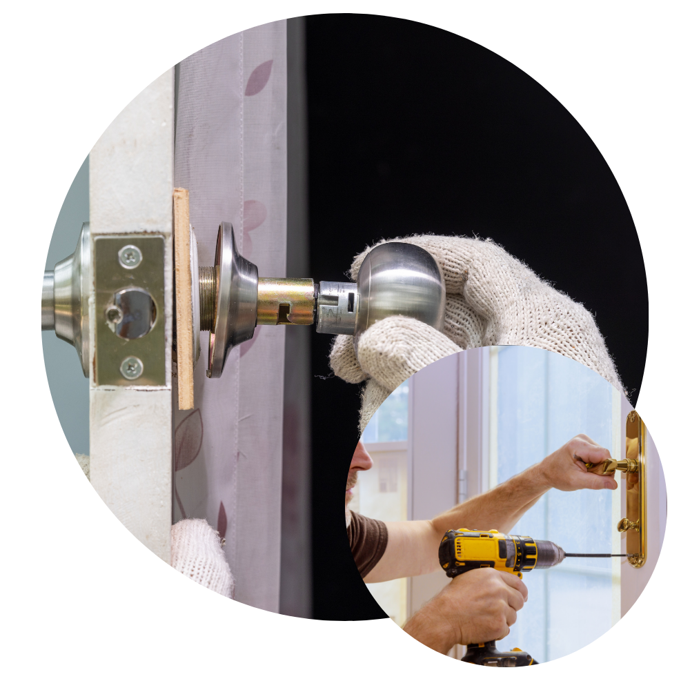 Person installing a door knob with a glove, and inset of someone using a drill.