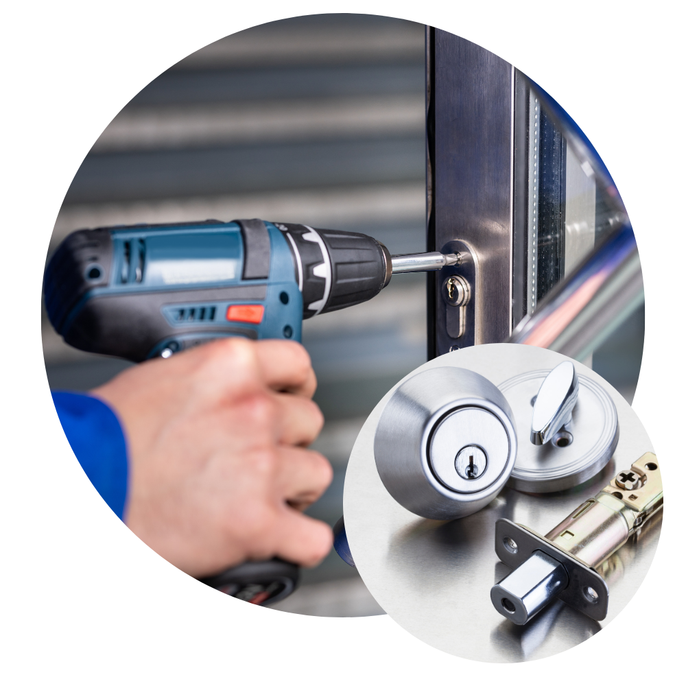 Person using a drill to install a door lock on a metal door, with close-up of new lock parts.