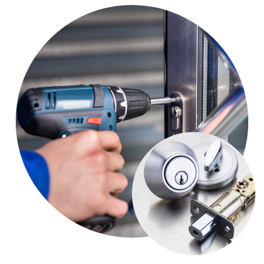 Person using a drill to install a door lock on a metal door, with close-up of new lock parts.
