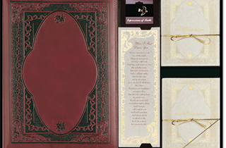 Red book and box set with embossed design and poem.