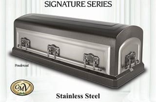 Stainless steel casket with dark gray accents and ornate handles; Signature Series.