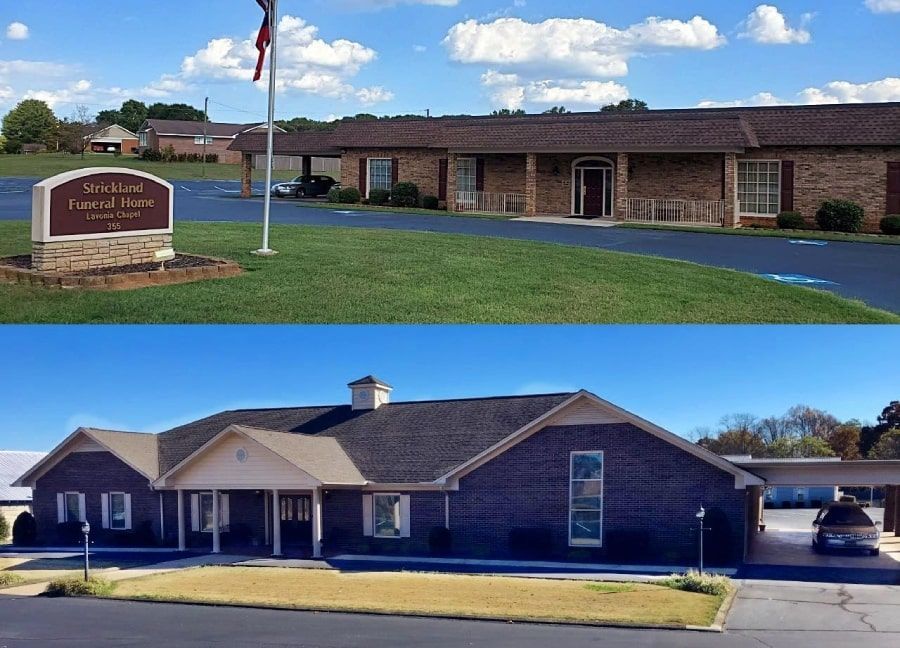 Two brick funeral homes with signage on a grassy lawn under a partly cloudy sky.