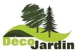 Un logo pour une entreprise appelée decojardin avec deux arbres sur une colline.