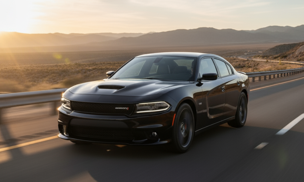 Dodge Charger performance sedan driving on highway at sunset
