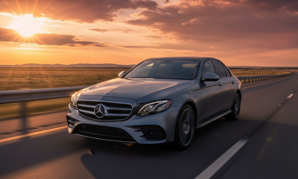 Mercedes-Benz sedan driving on highway at sunset