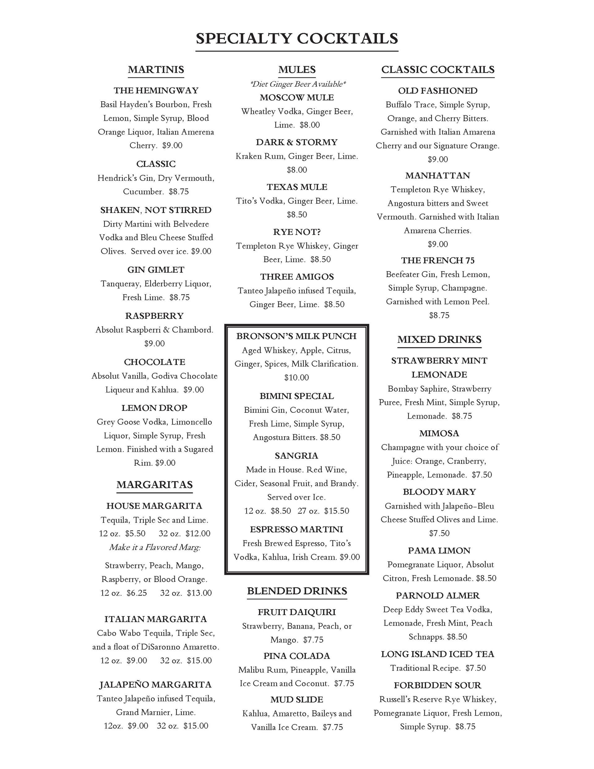 A menu for a restaurant shows a variety of specialty cocktails.