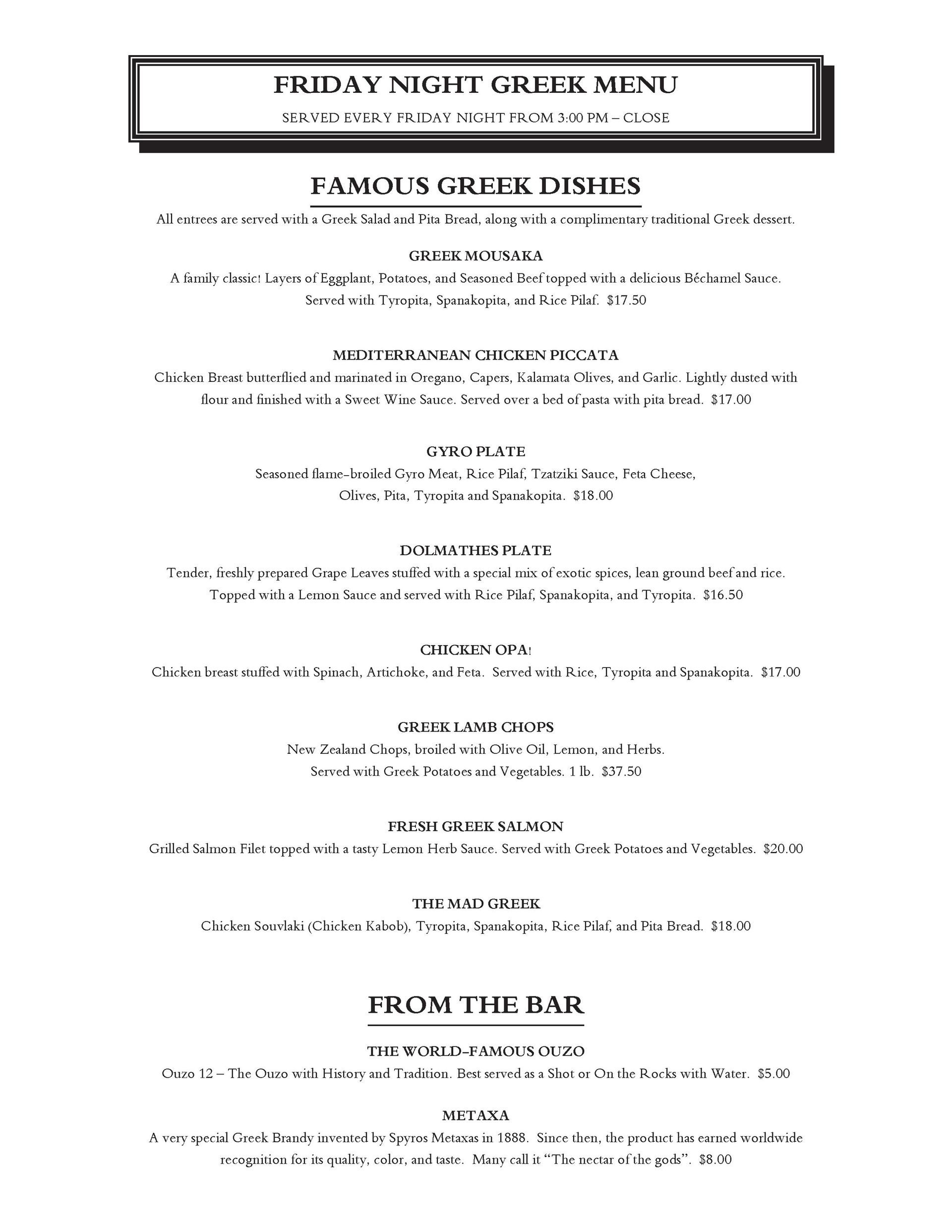 A black and white menu for a restaurant with a white background.