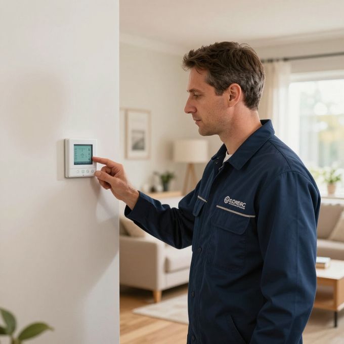 Certified Comfort of Georgia technician adjusting a heating and air AC thermostat in a house in Jefferson, GA in a uniform