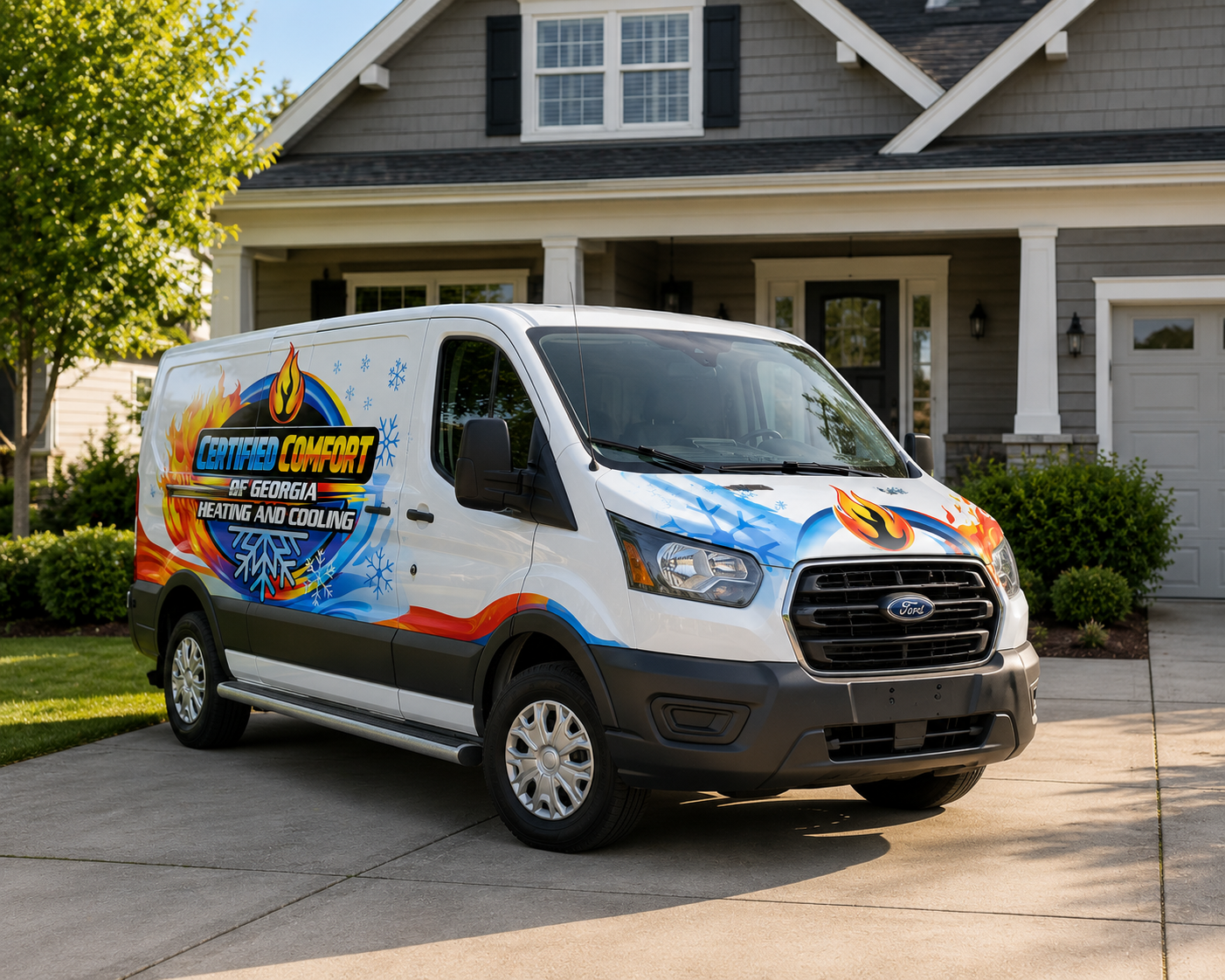 Branded white Certified Comfort of Georgia van parked in a suburban driveway in front of a house