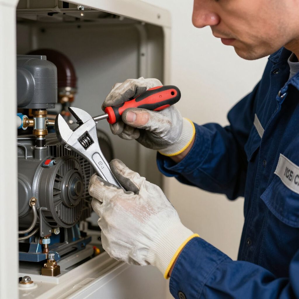 Comprehensive HVAC Diagnositcs. HVAC professional working on a business HVAC service.