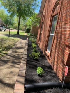 Brick building with a flower bed filled with dark mulch and small green plants, next to a sidewalk.