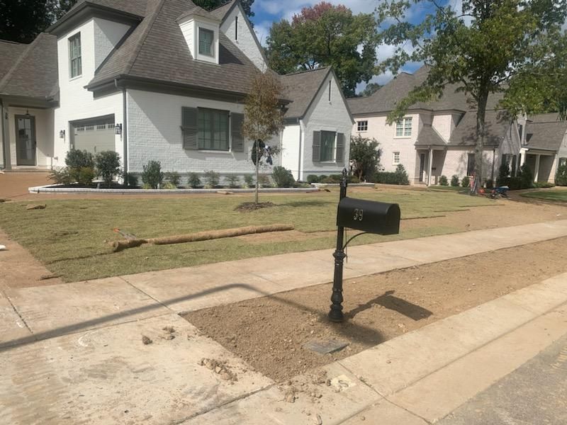 A suburban home with a mailbox on a curb, freshly sodded lawn, and new landscaping.