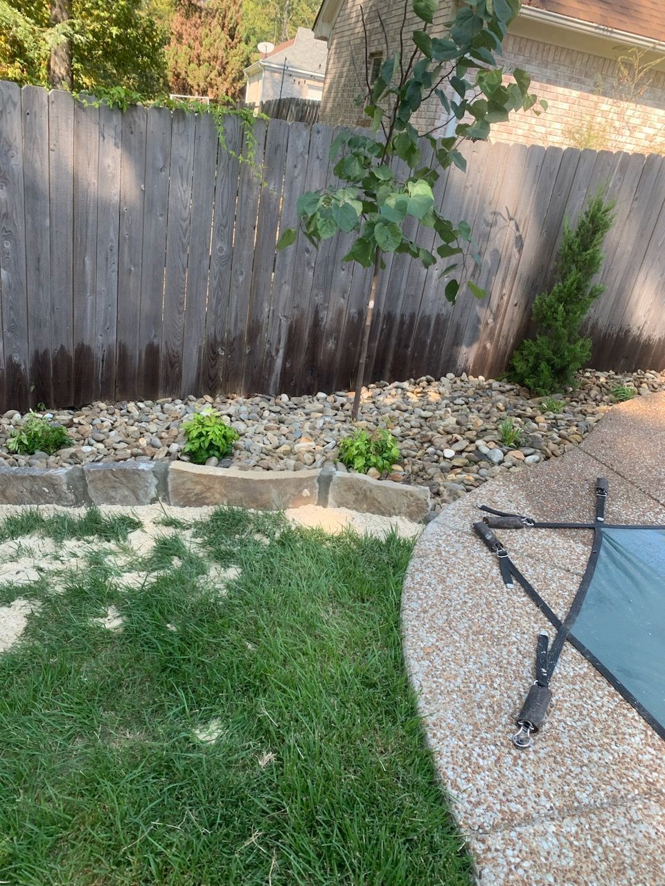 Backyard with a wooden fence, a tree, stone edging, gravel, and a patch of grass.