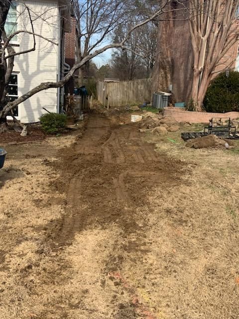 Backyard with a dirt path dug through dry grass, leading to a fence. Brown soil contrasts with the beige yard.