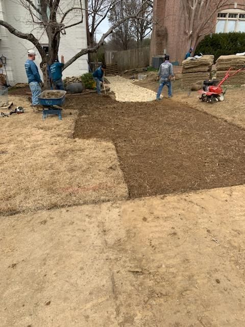 Workers laying sod in a yard; pathway in progress. Brown soil, green grass, cloudy day.