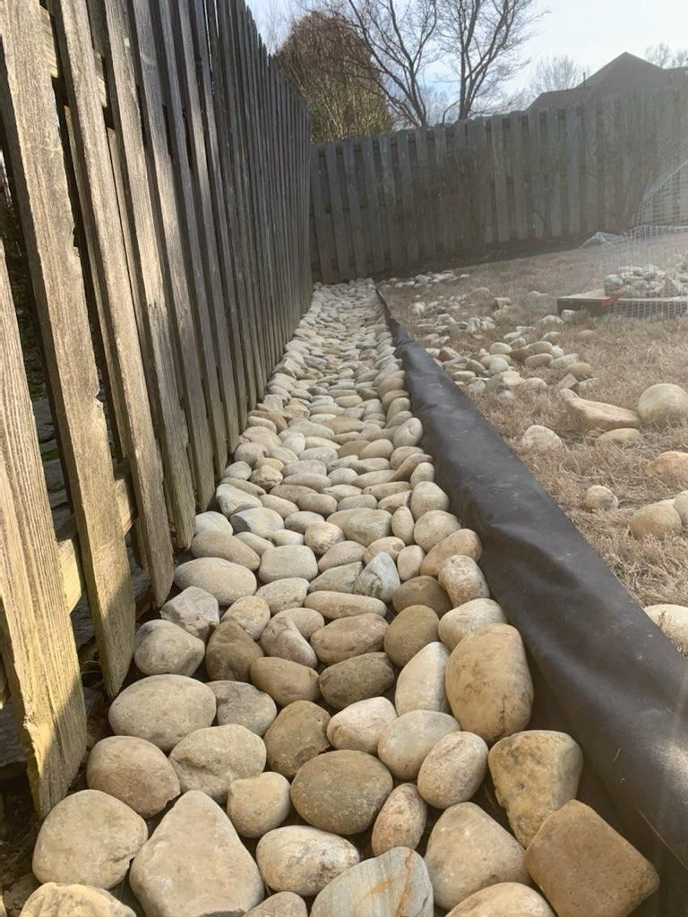 Rocks lining a fence, in an outdoor setting with dry grass and a black border.