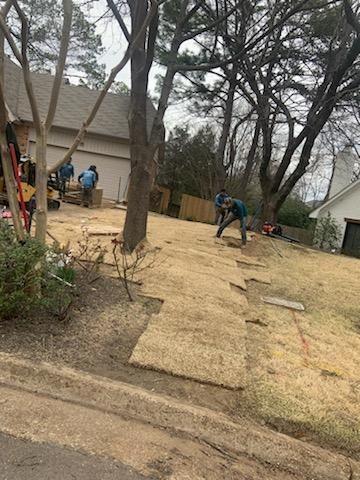 A group of people are working on a lawn in front of a house.