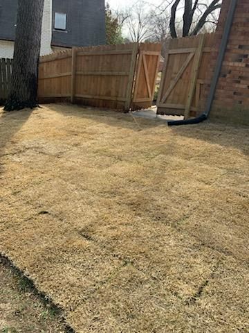 Brown grass partially covering a backyard. A wooden fence and gate stand along the back.