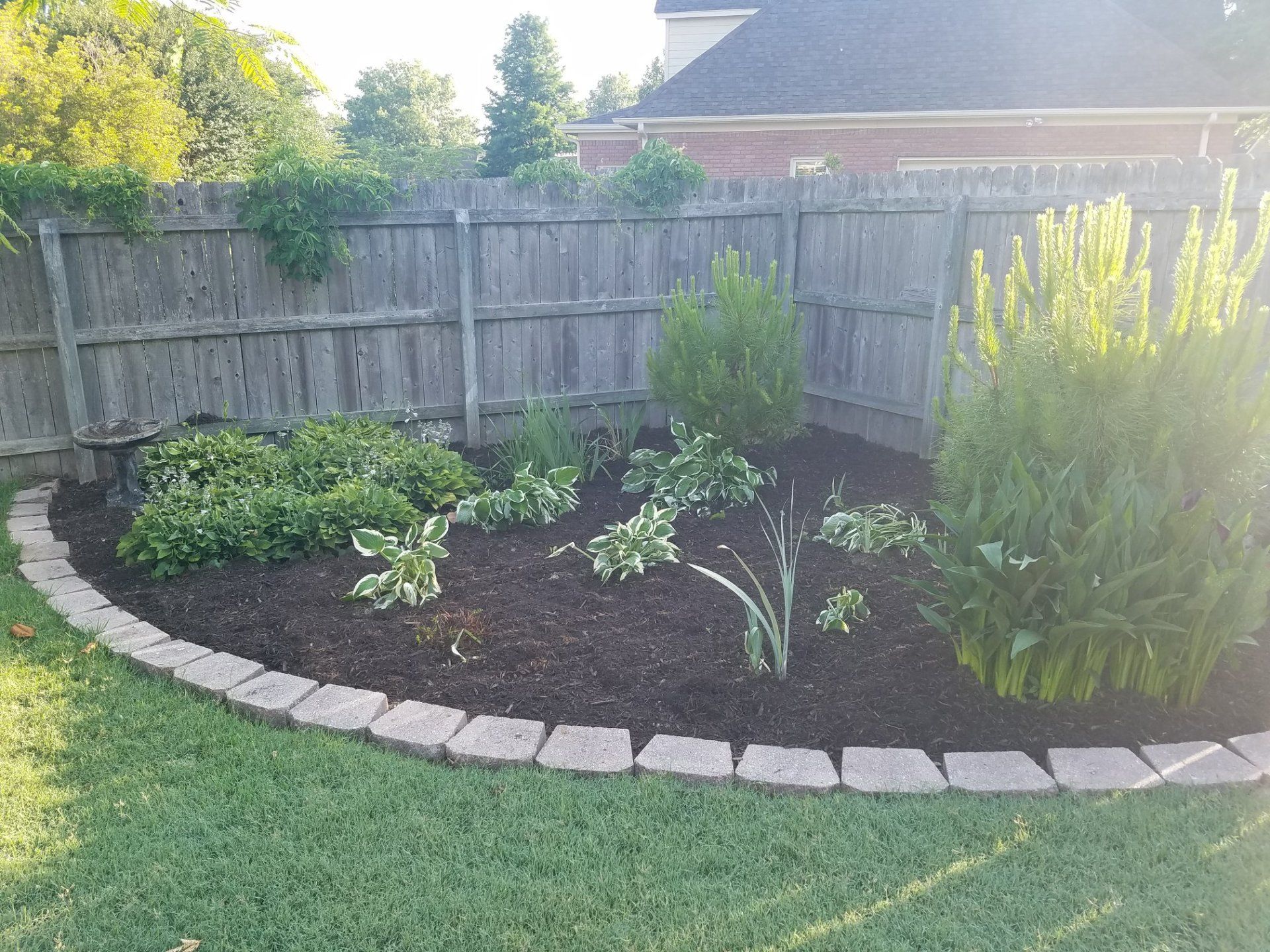 A flower bed with a brick border next to a wooden fence, filled with plants and mulch.