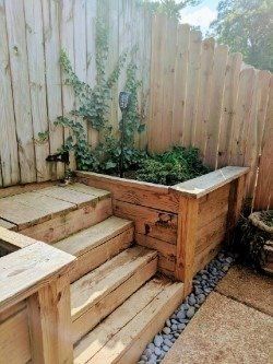 Wooden steps leading up to a raised garden bed against a wooden fence, with vines growing.