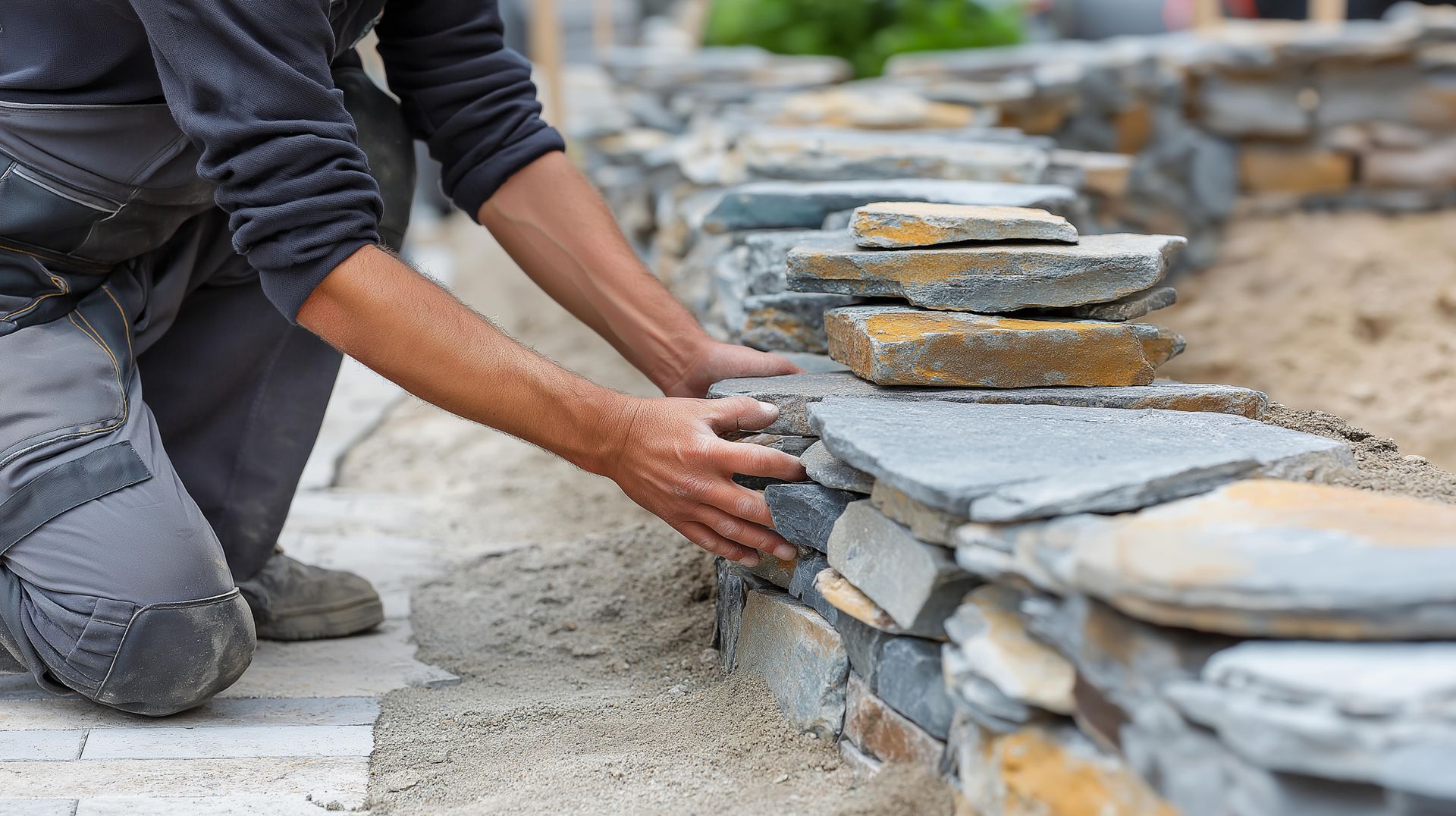 A mason constructing a stone retaining wall as part of high-quality hardscape services. A mason constructing a stone retaining wall as part of high-quality hardscape services.