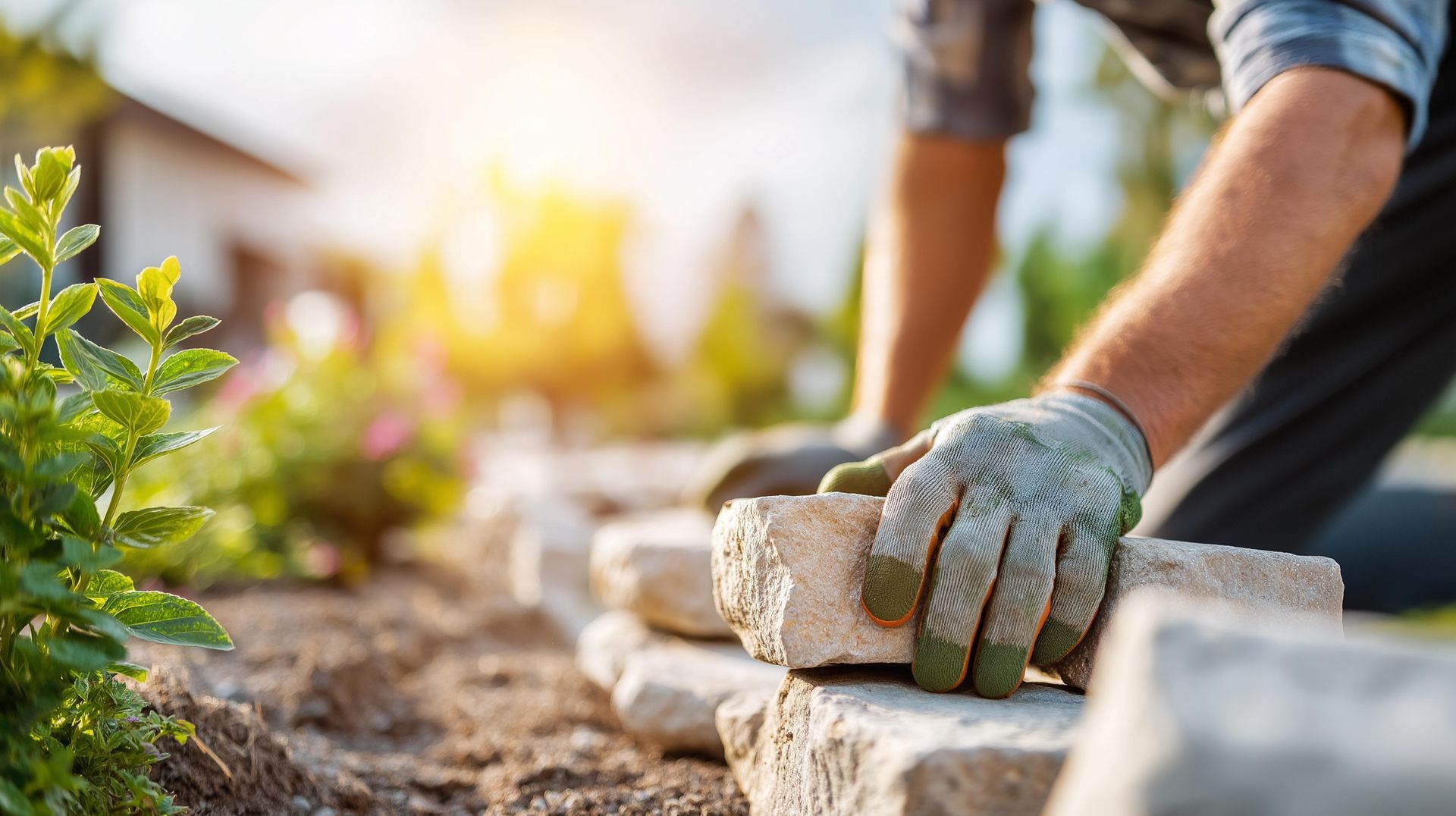 A professional landscaper installing stone pavers as part of expert hardscape services. A professional landscaper installing stone pavers as part of expert hardscape services.