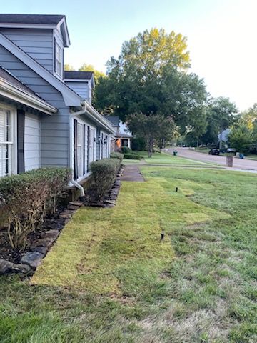 House exterior with a green lawn, sidewalk, bushes, and a street in the distance.