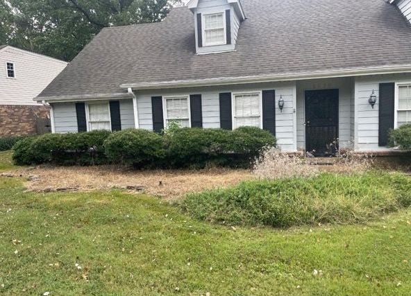 Light blue house with black shutters and door, overgrown bushes, and weedy yard.