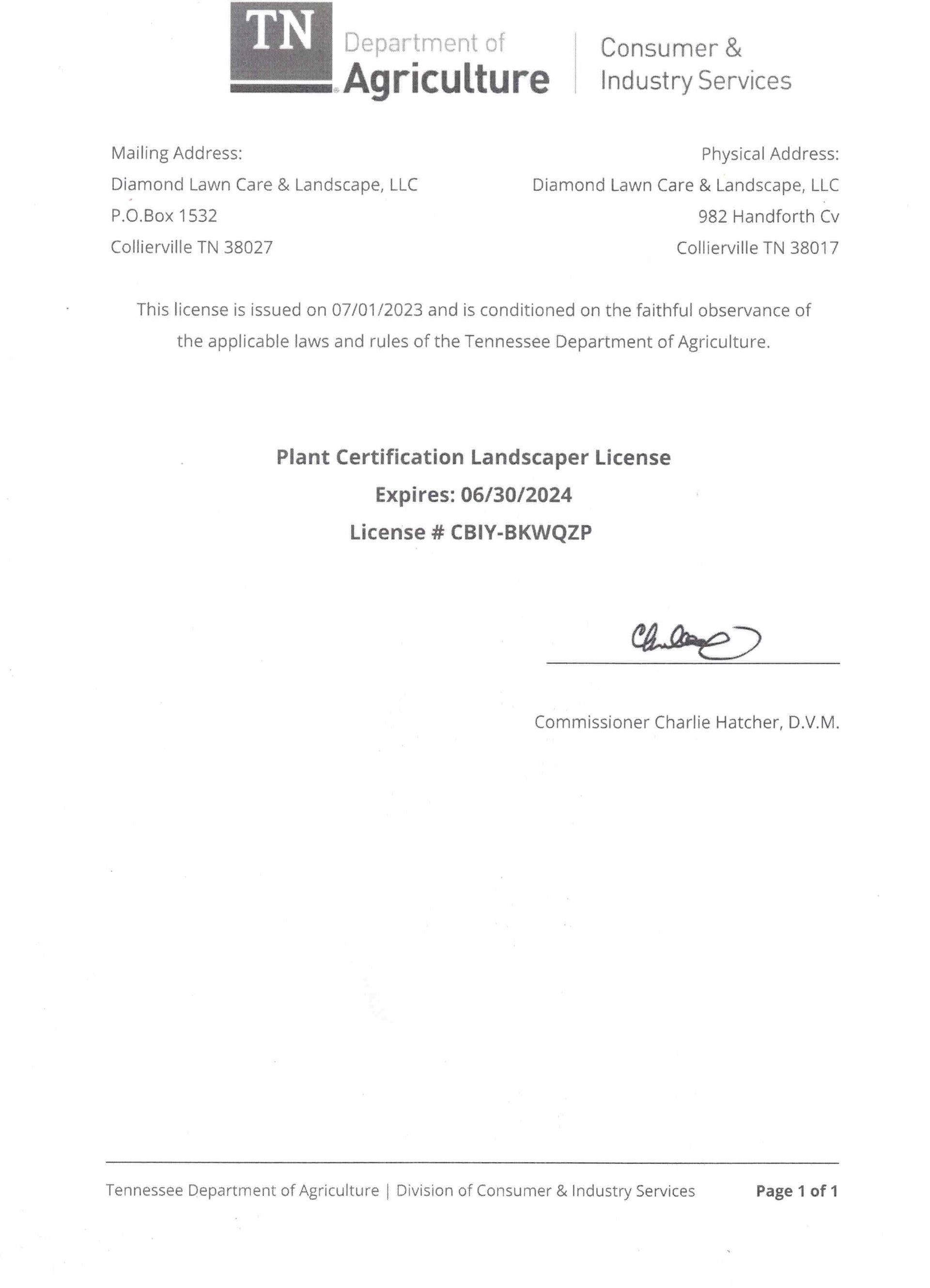 Tennessee Department of Agriculture license; Certified Landscape License with expiration date.