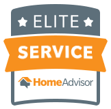 HomeAdvisor Elite Service badge, orange ribbon, gray background, with HomeAdvisor logo.