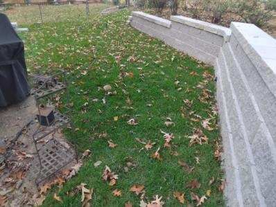 Lawn covered in autumn leaves near a stone retaining wall and a grill.