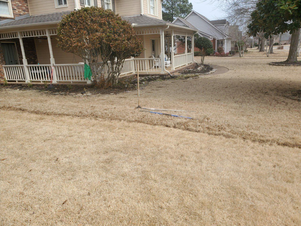 Brown, dry grass in front of a two-story house with a porch. Other houses and trees are in the distance.