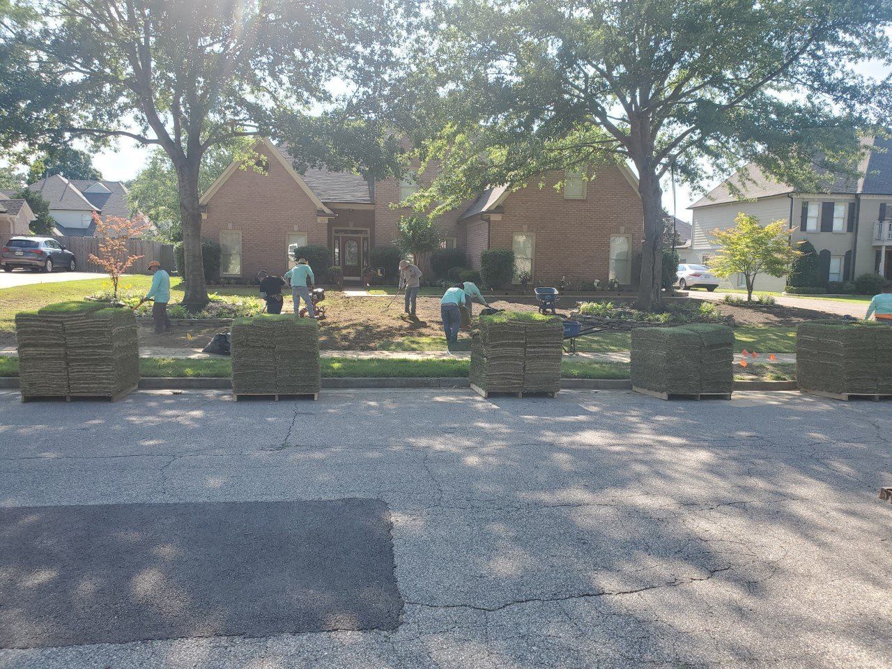 Lawn crew installing sod in front yard of a house; stacks of sod on the street.