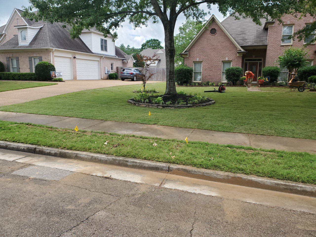 Houses with manicured lawns and a tree-lined street under a cloudy sky.