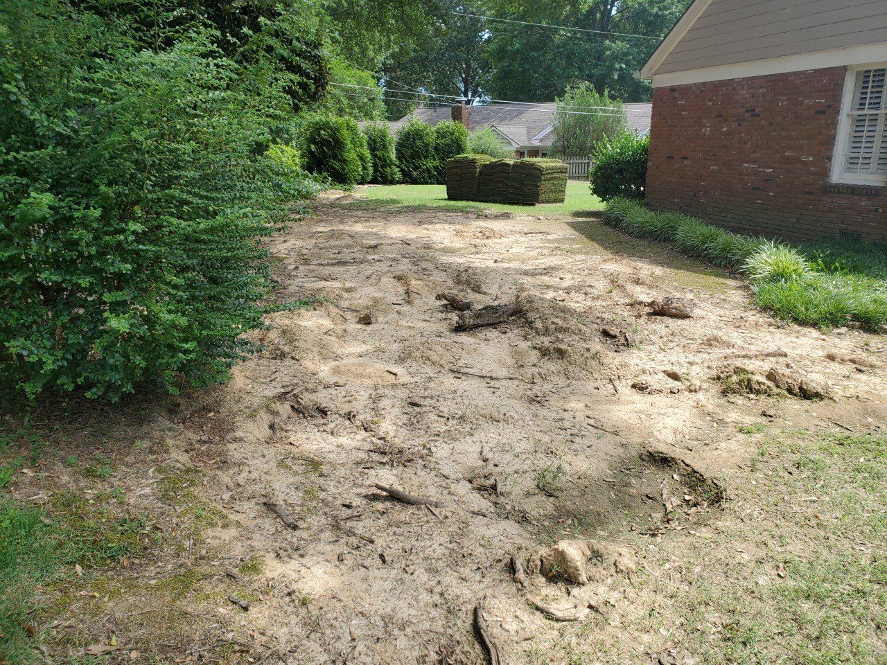 Muddy yard with dug-up earth, near a brick house and green bushes under a sunny sky.