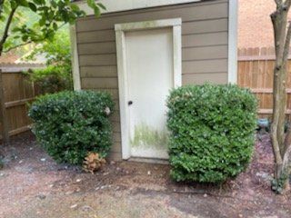 A small shed with a white door between two green bushes.