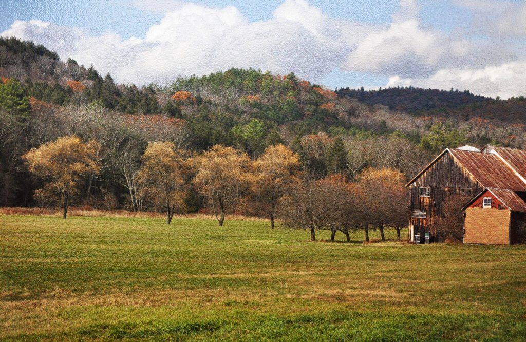 a barn in the middle of a field with trees in the background