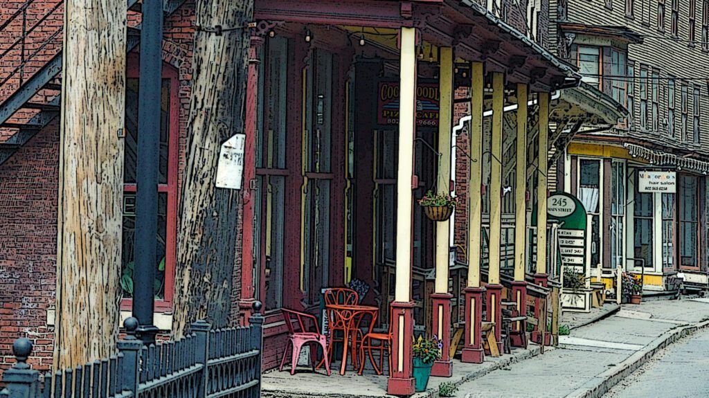a drawing of a restaurant with a sign that says doughnuts in Downtown Bethel, VT