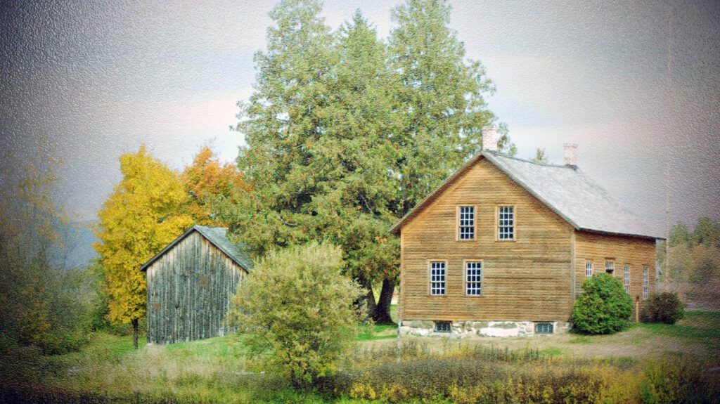 a painting of a house and barn with trees in the background