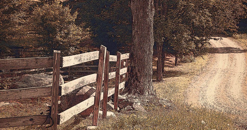 a wooden fence along the side of a dirt road