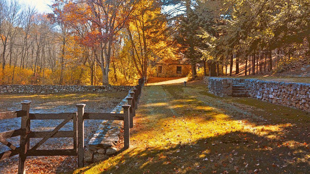 a stone wall along the side of a road with trees in the background, Wood Stone Dover, MA