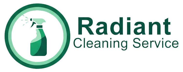 Logo for Radiant Cleaning Service featuring a green spray bottle inside a green circle, with text alongside.