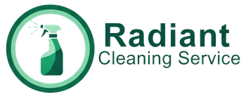 Logo for Radiant Cleaning Service featuring a green spray bottle inside a green circle, with text alongside.