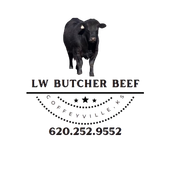 A logo for lw butcher beef in coffeyville ks