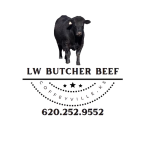 A logo for lw butcher beef in coffeyville ks